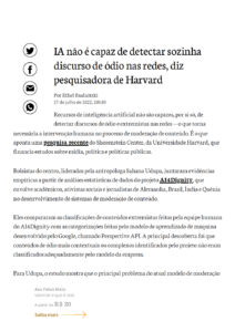 IA não é capaz de detectar sozinha discurso de ódio nas redes, diz pesquisadora de Harvard