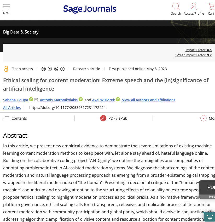 UDUPA, S., MARONIKOLAKIS, A. & WISIOREK, A. (2023) ETHICAL SCALING FOR CONTENT MODERATION: EXTREME SPEECH AND THE (IN)SIGNIFICANCE OF ARTIFICIAL INTELLIGENCE