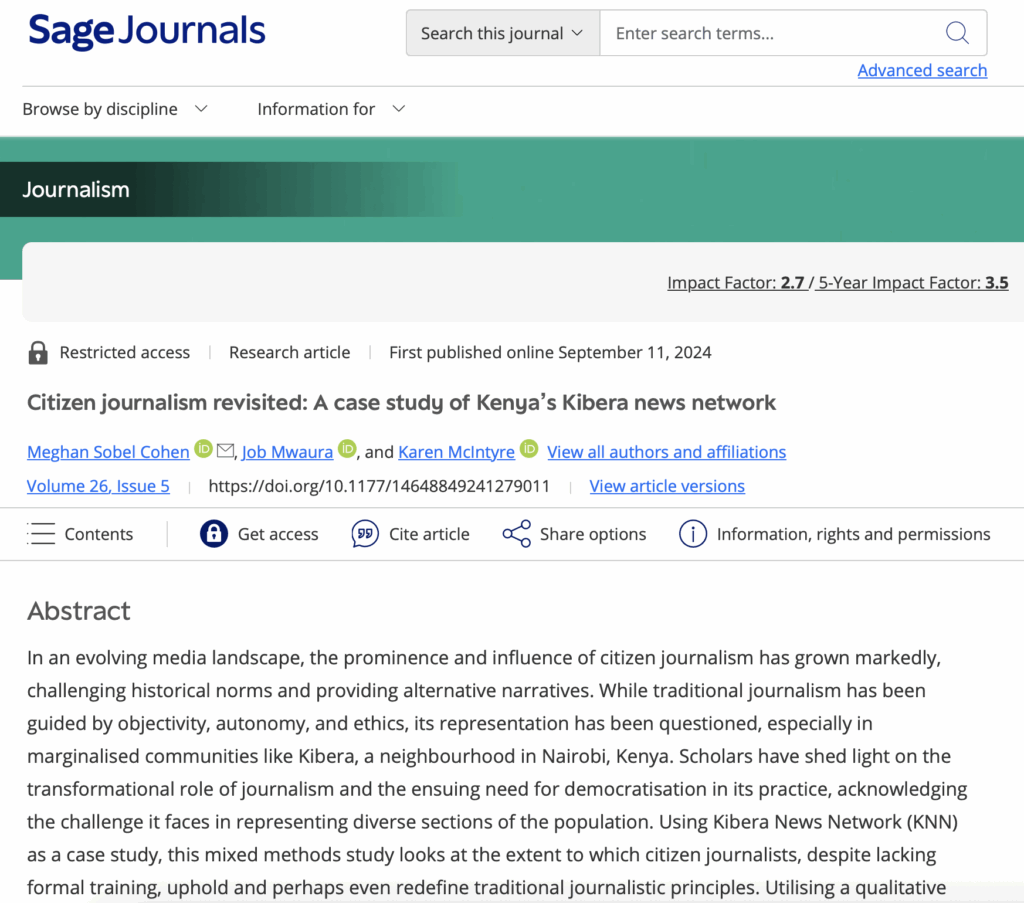 COHEN, M.S., MWAURA, J. & MCINTYRE, K. (2024) A CASE STUDY OF KENYA’S KIBERA NEWS NETWORK