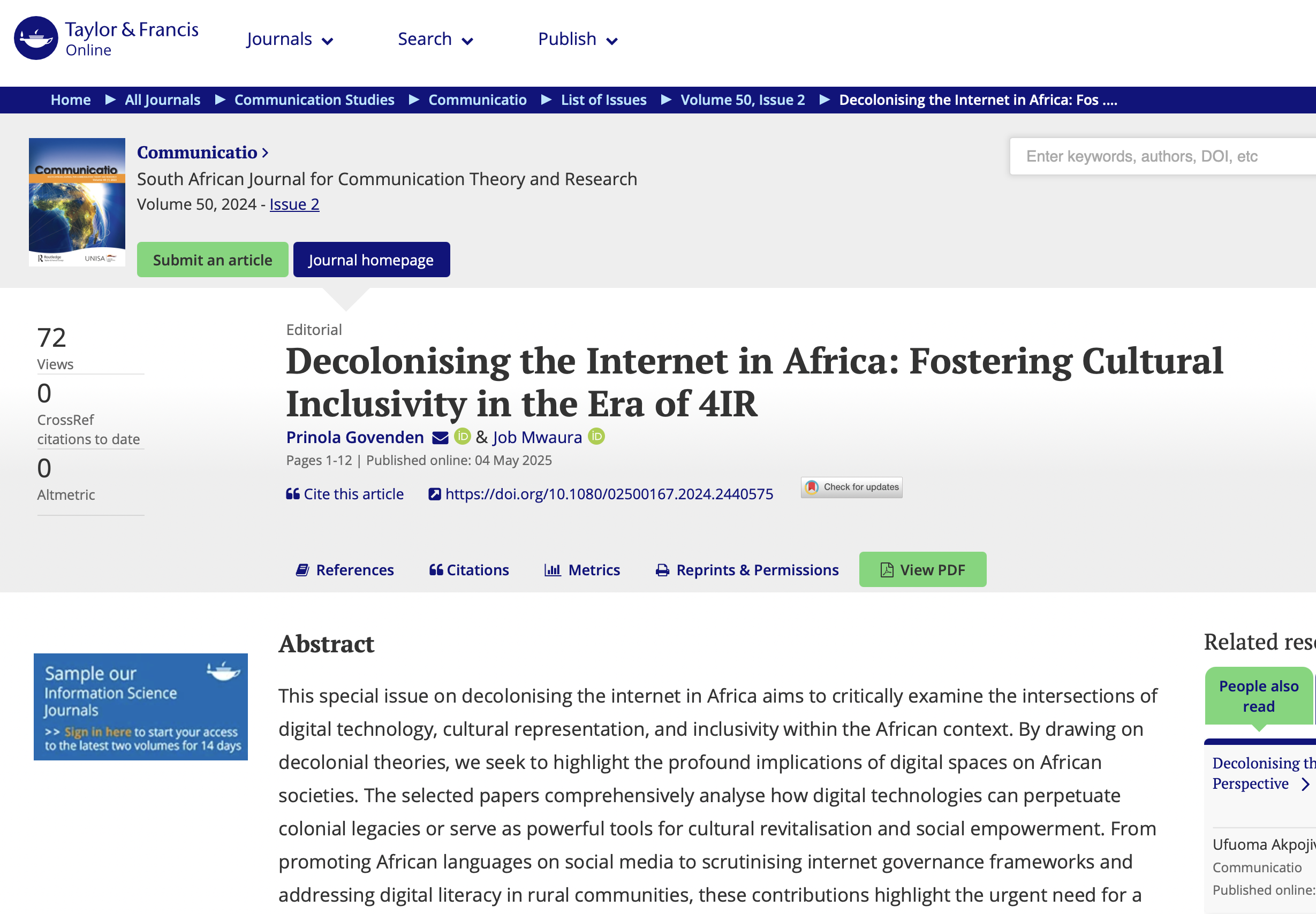 GOVENDEN, P. & MWAURA, J. (2024) DECOLONISING THE INTERNET IN AFRICA: FOSTERING CULTURAL INCLUSIVITY IN THE ERA OF 4IR