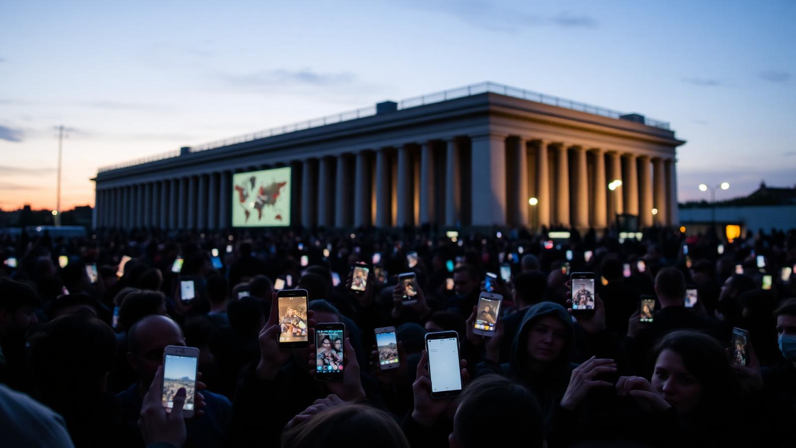 Crowd holding illuminated smartphones at dusk